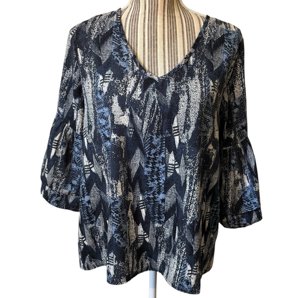 fab'rik Blouse Medium Blue and Black Abstract pattern Flowy Flare sleeves VNeck